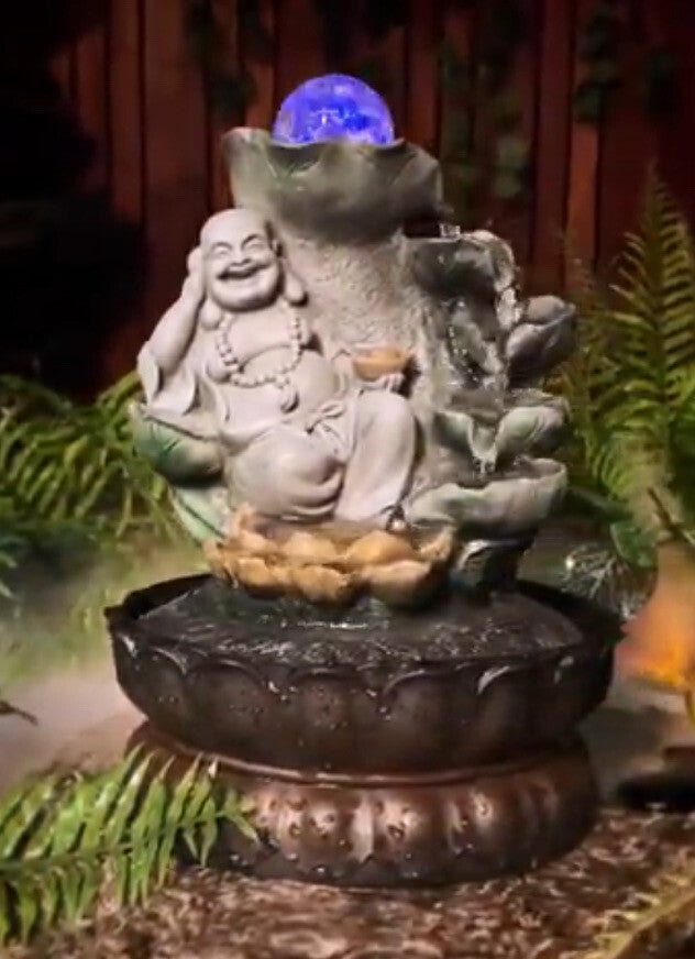 HAPPY BUDDHA  DRIFT WATER FEATURE FOUNTAIN INDOOR OUTDOOR BENCH TOP HOME DECOR
