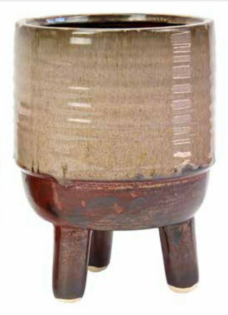 Glazed Ceramic Footed Pots Pot Set of 2 Round Indoor Plant Succulent Mocha Brown