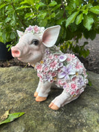 PIG WITH FLOWERS FARM ANIMAL GARDEN STATUE ORNAMENT FIGURINE SCULPTURE