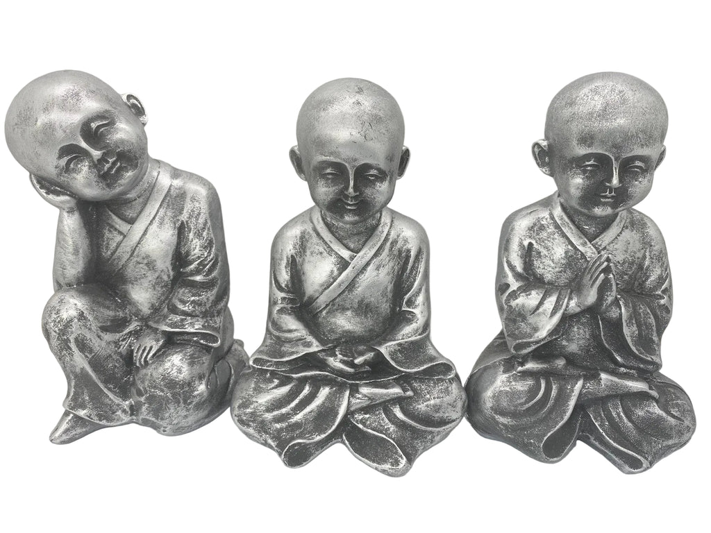 Monk Buddha Statue Sitting Ornaments Figurine Silver 18 cm high Set of 3