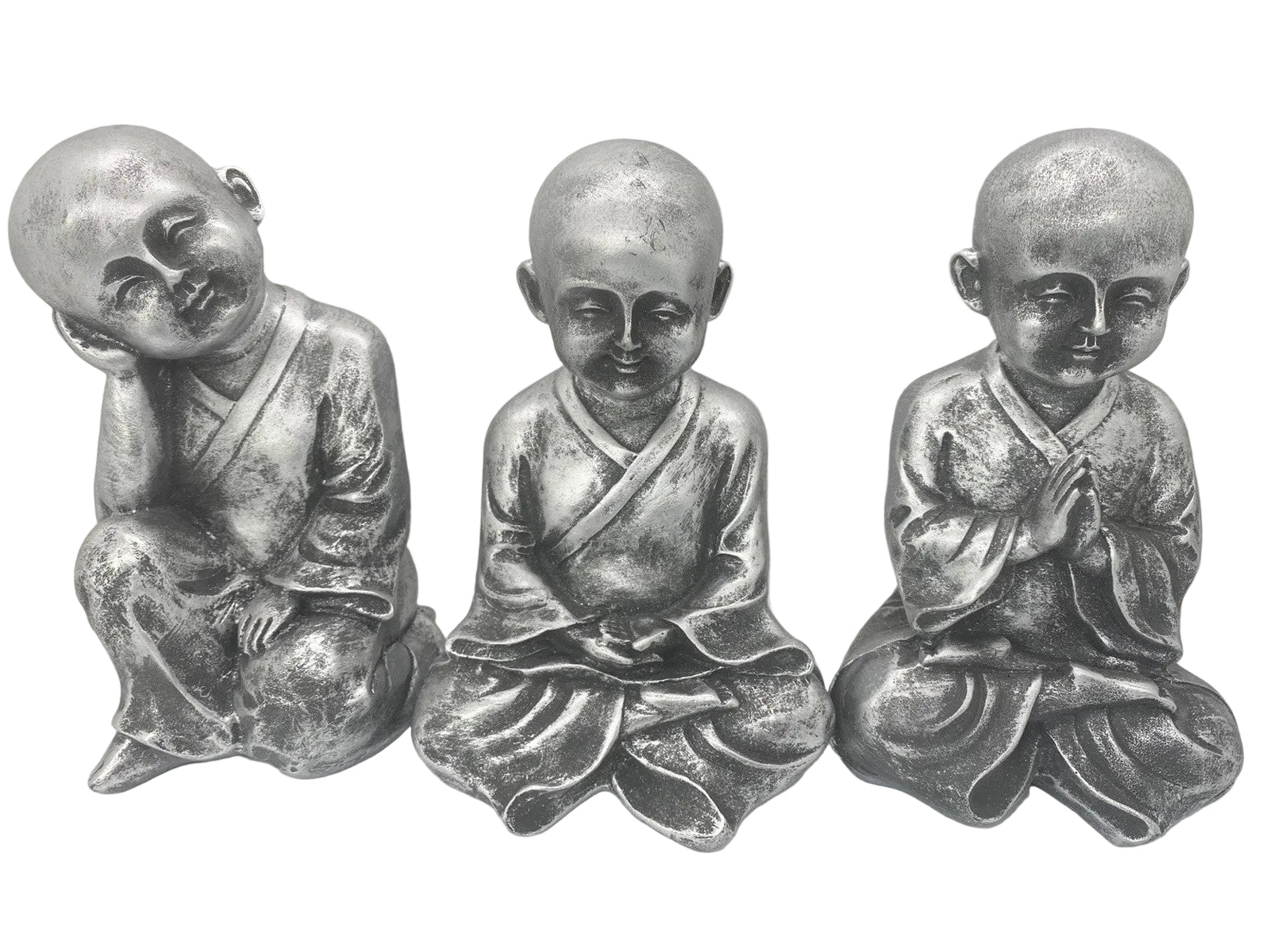 Monk Buddha Statue Sitting Ornaments Figurine Silver 18 cm high Set of 3