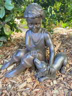 BOY SITTING WITH HIS PLAYFUL DOG  PUPPY GARDEN STATUE ORNAMENT FIGURINE