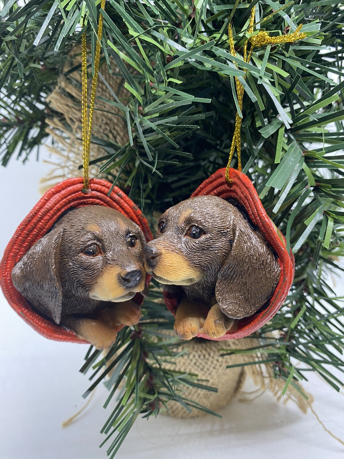 2 x Dachshund Sausage Dog Puppy Christmas Xmas Tree Decoration Statue Brown