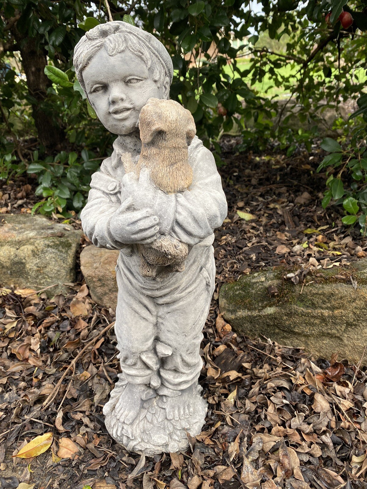 Boy Holding Dog Statue Ornament Animal Concrete Cement Garden Australian Made