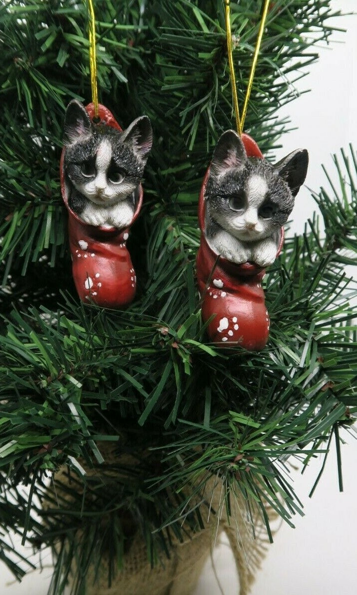2 x Black & White Cat Kitten Christmas Xmas Tree Decoration Statue Home Decor