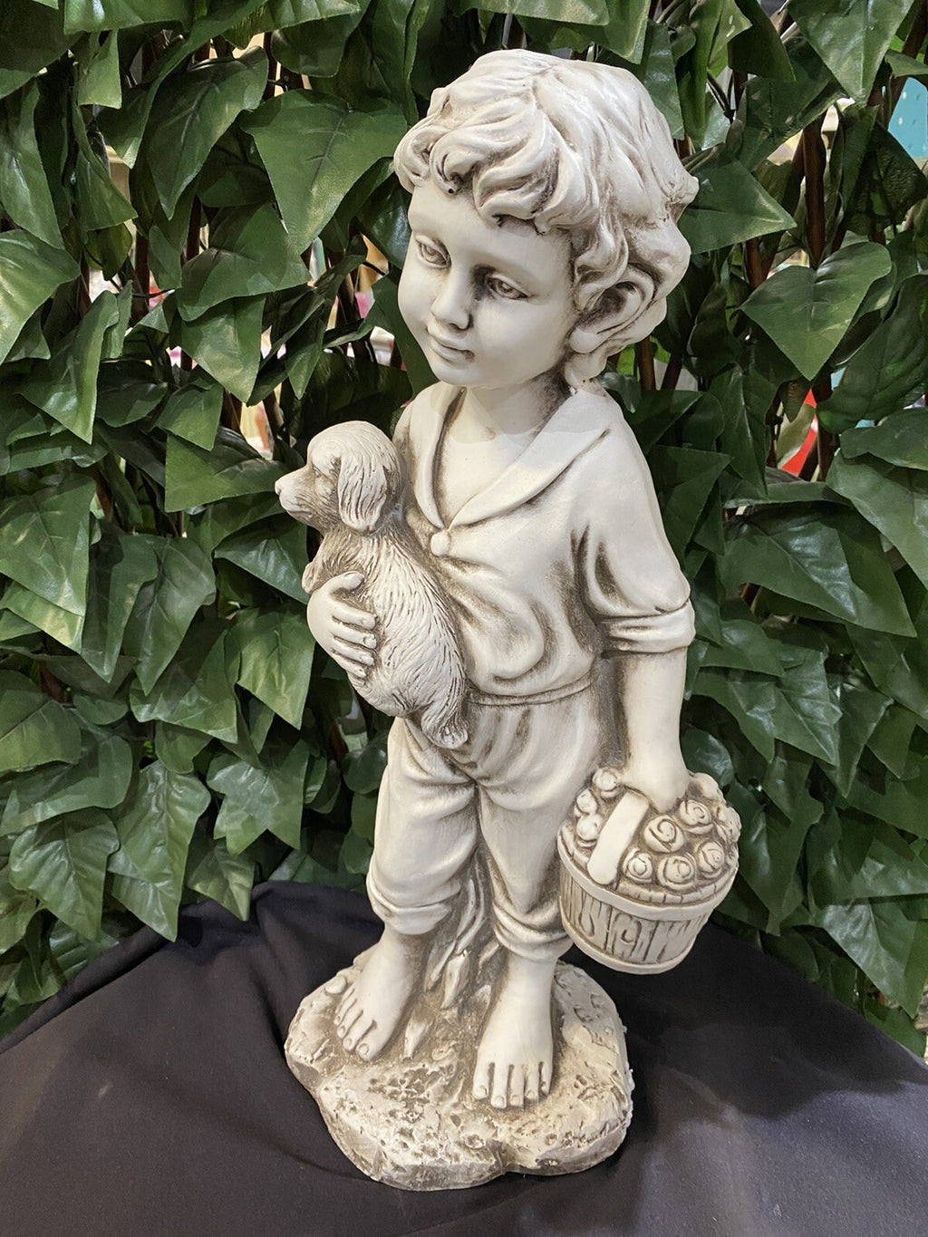 BOY STANDING HOLDING HIS PUPPY DOG GARDEN STATUE ORNAMENT FIGURINE