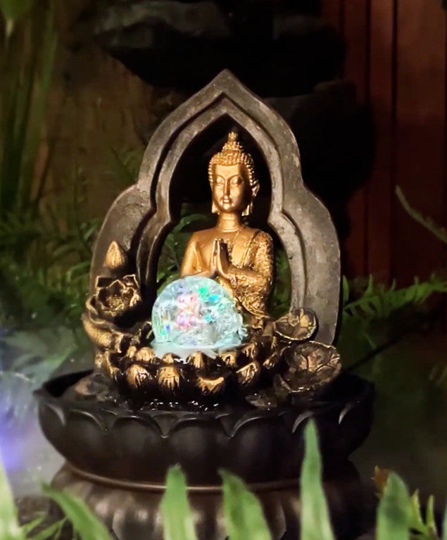 BUDDHA GOLD THAI GILT WATER FEATURE FOUNTAIN INDOOR OUTDOOR BENCH TOP HOME DECOR