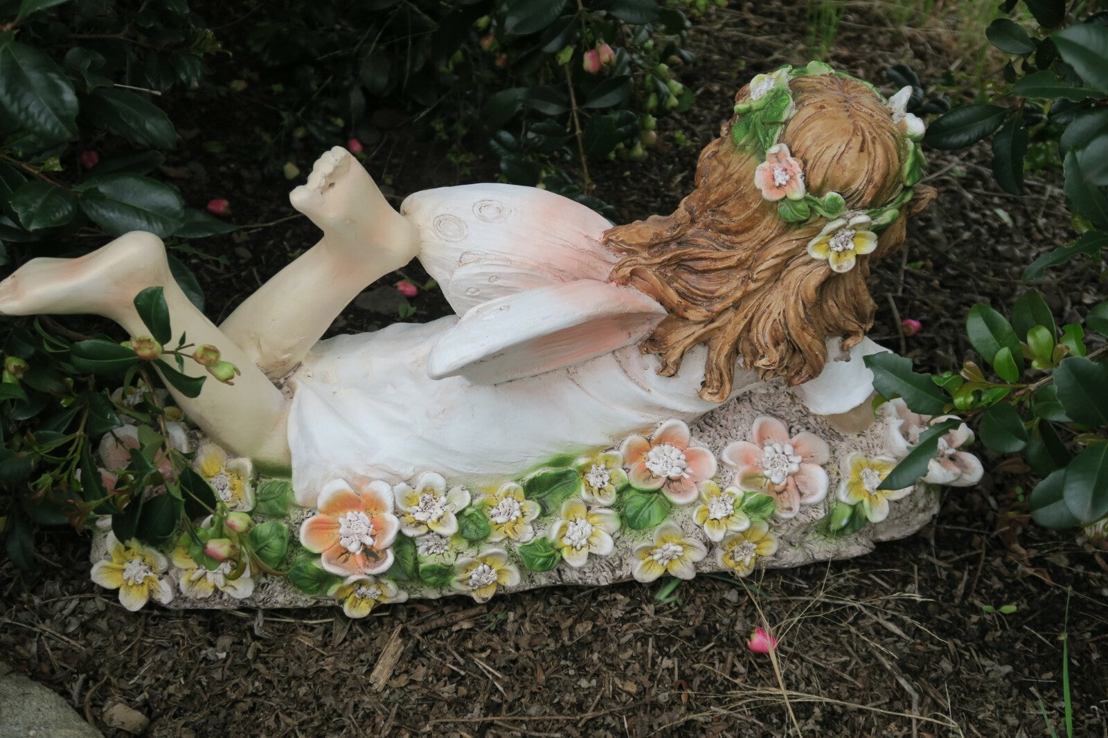 Fairy Fairies Statue Laying In A Bed Of Coloured Flowers Garden Ornament 52cm