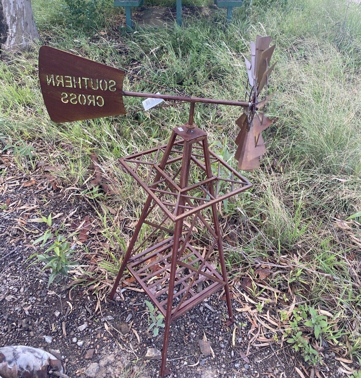 Rustic Windmill Metal Southern Cross Garden Ornament Sculpture Rust  120 cm