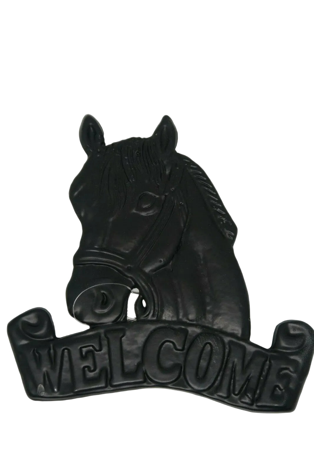 Cast Iron Antique Welcome Horse Hanging Sign Vintage Dark Brown
