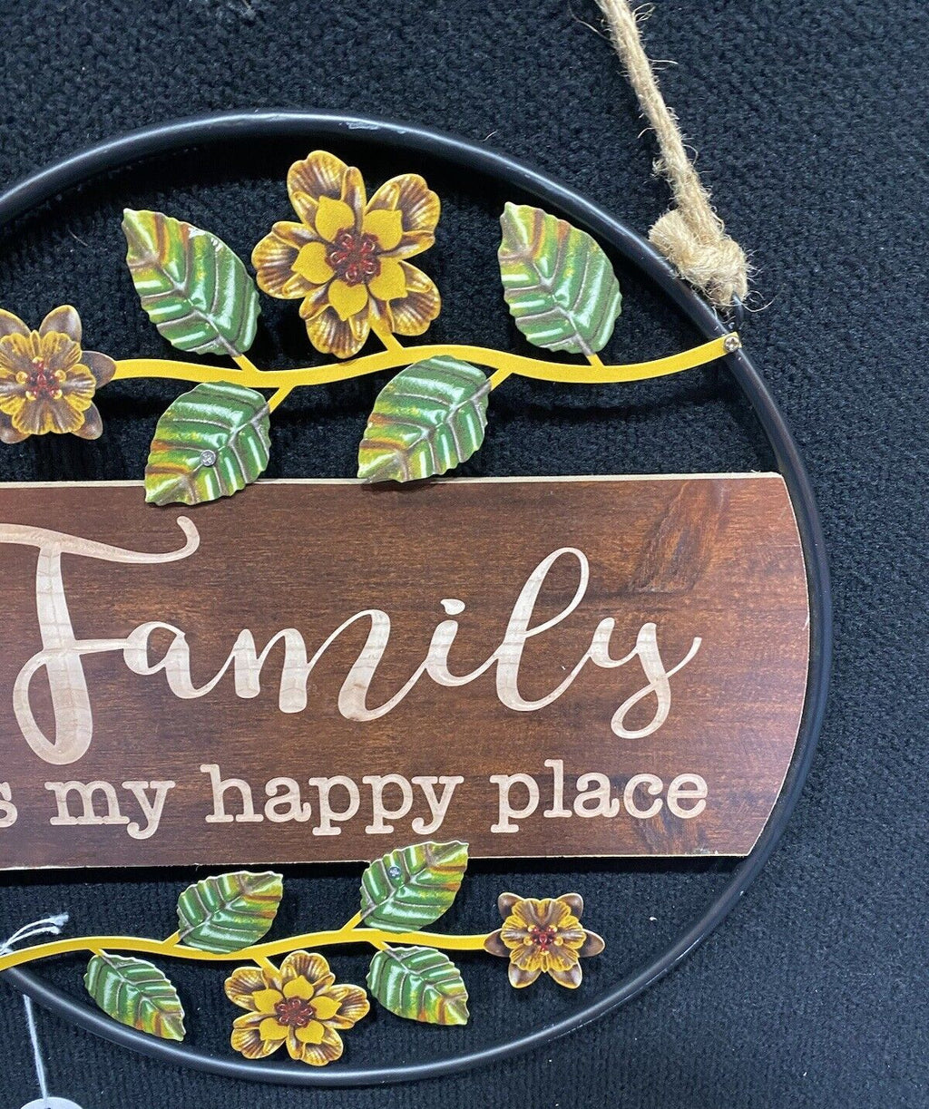 Family Is My Happy Place Wall Sign Hanging Metal 35cm x 35cm Brown