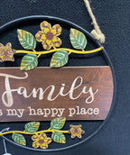 Family Is My Happy Place Wall Sign Hanging Metal 35cm x 35cm Brown