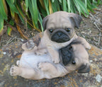 Pug Statue Puppies Playing Dog Doggy Memorial Ornament Home Decor Brown