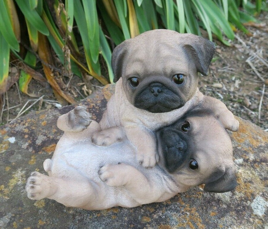 Pug Statue Puppies Playing Dog Doggy Memorial Ornament Home Decor Brown