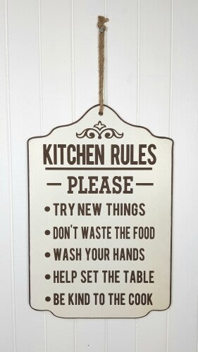 Kitchen Rules Hanging Sign Plaque Home Wall Decor Brown Natural