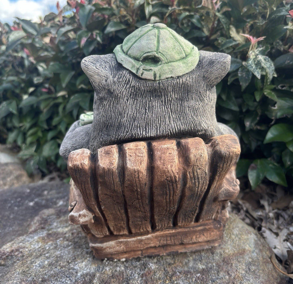 Australian Made Concrete Wombat Relaxing in Chair with a VB Garden Statue