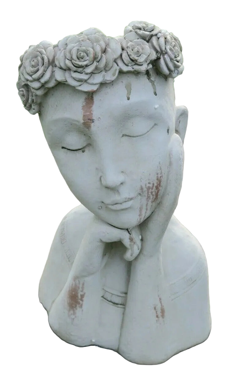 FLOWER GIRL PLANTER LADY FACE POT PLANTERS GARDEN PLANT FEATURE ANITQUE WHITE