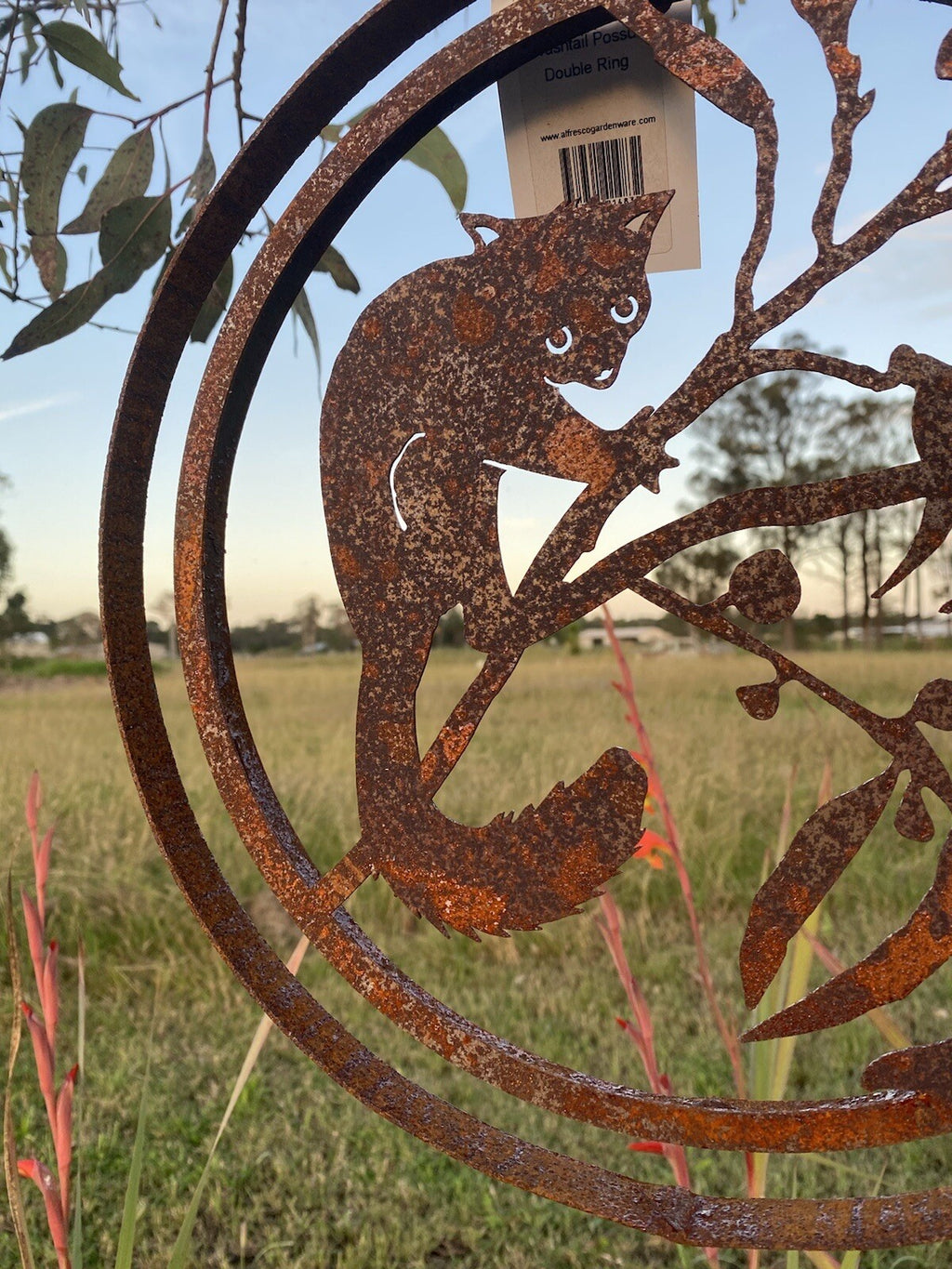 Possum Garden Décor  Round Rust Corten Steel Metal Hanging Double Ring 34cm