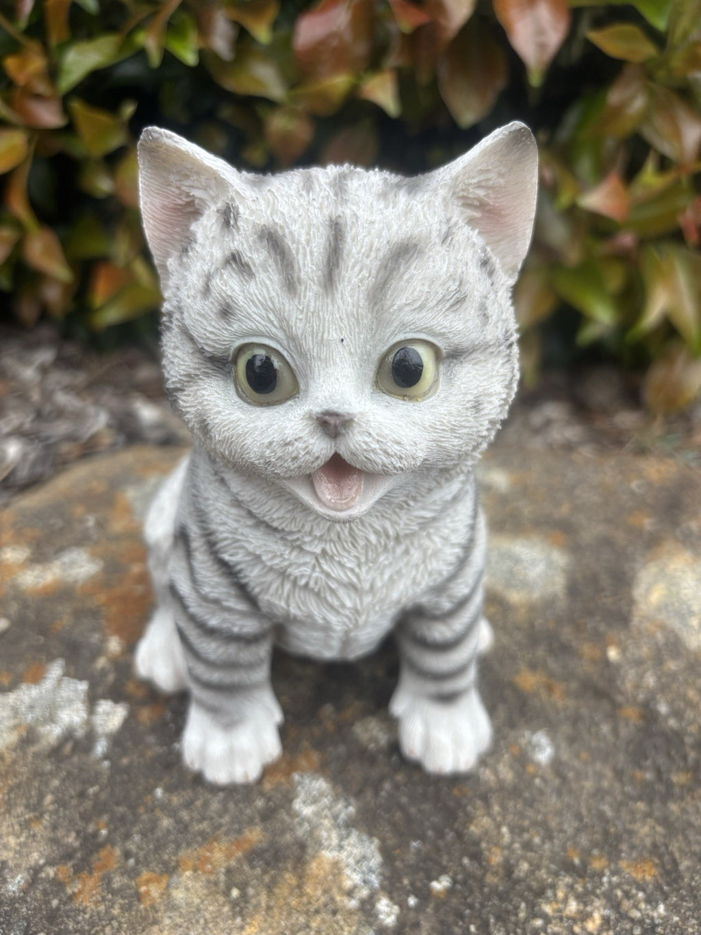 Resin Grey Tabby Cat Garden Statue | Sitting Cat Ornament