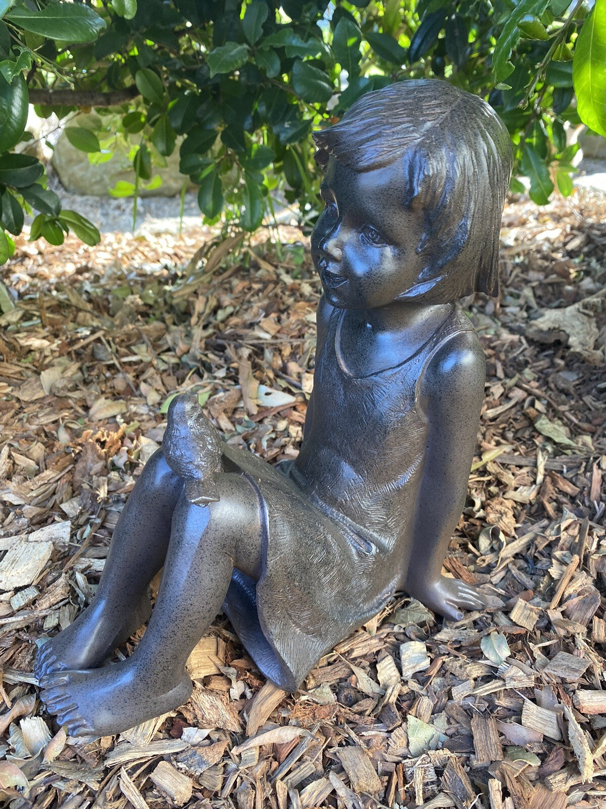 GIRL WITH BIRD ON HER KNEE GARDEN STATUE ORNAMENT FIGURINE