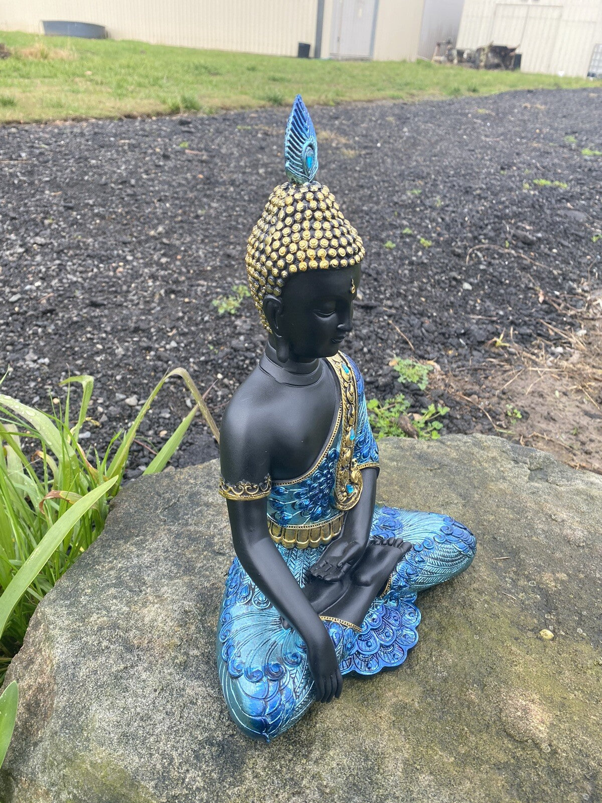 Meditating Thai Buddha In a Blue Peacock Statue Ornament Figurine Home Decor