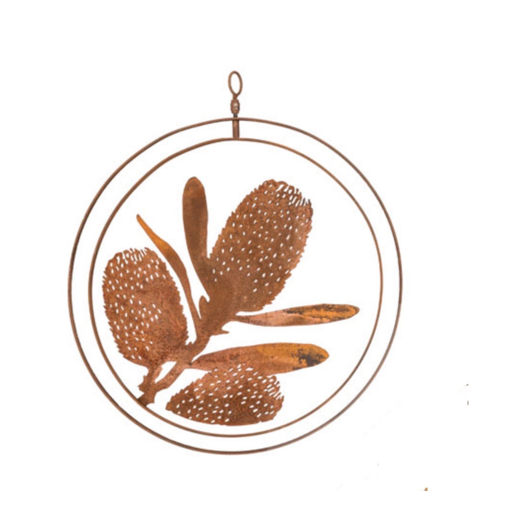 Australian Banksia Flower Round Rust Corten Steel Metal Hanging Double Ring 34cm