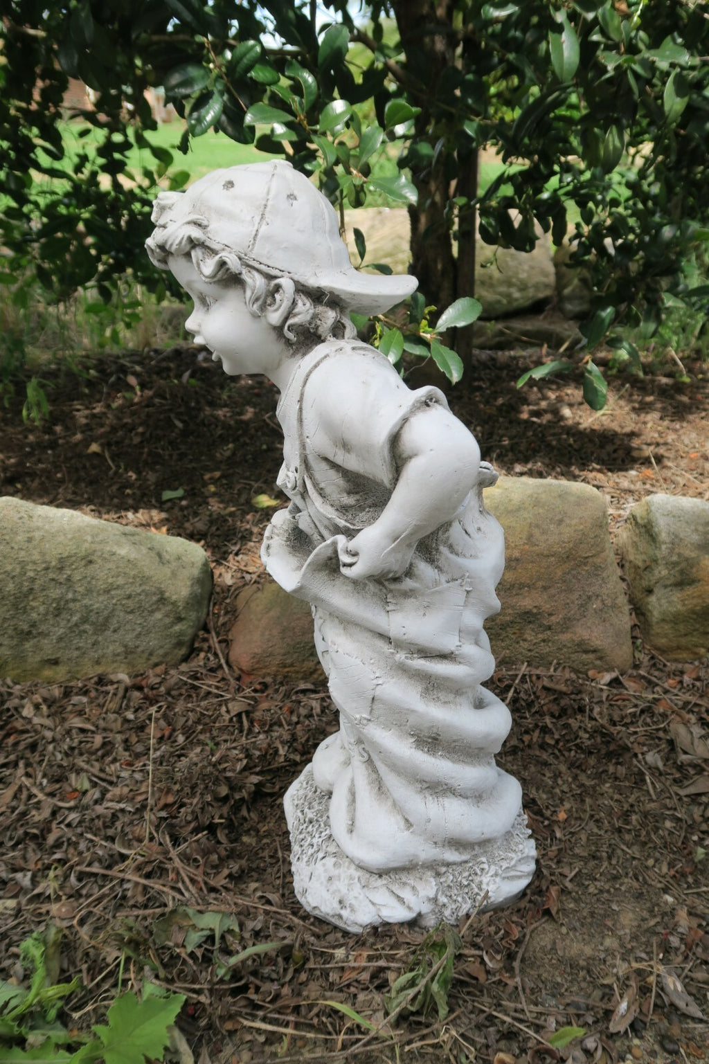 BOY IN A POTATO SACK WITH OVERALLS ON GARDEN STATUE ORNAMENT FIGURINE CHILDREN