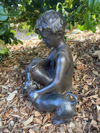 BOY SITTING WITH HIS PLAYFUL DOG  PUPPY GARDEN STATUE ORNAMENT FIGURINE