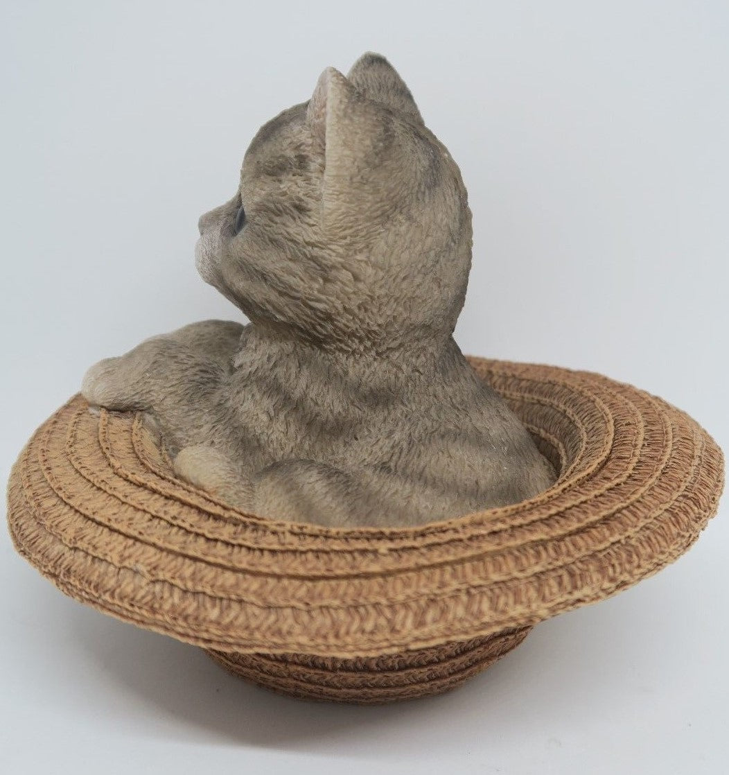 GREY TABBY CAT MEMORAIL IN A HAT MONEY BOX ANIMAL GARDEN STATUE ORNAMENT  GIFT