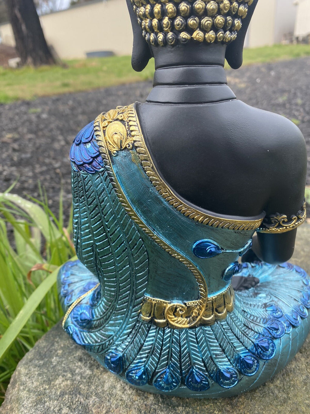 Meditating Thai Buddha In a Blue Peacock Statue Ornament Figurine Home Decor