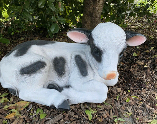46cm Sitting Cow Ornament Statue Figurine Garden Sculptures Farm Animal Black