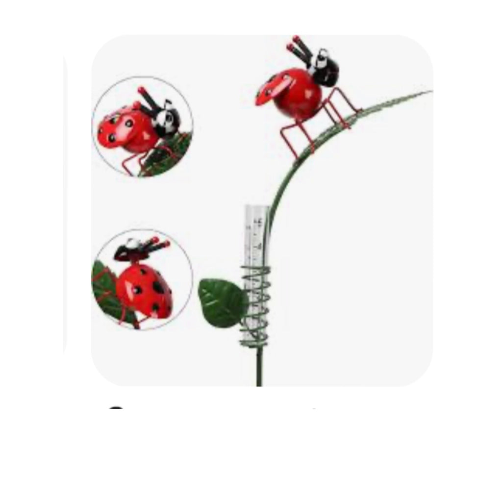 RAIN GAUGE RED LADY BUG ON A LEAF STAKE GARDEN DECOR