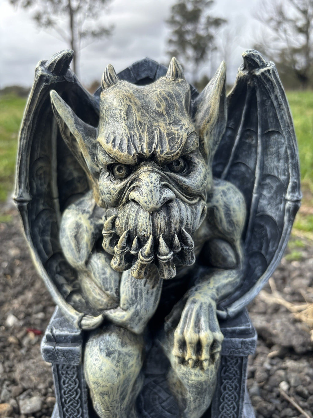 Thinking Gargoyle On Throne Statue Ornament Animal Garden 35cm High