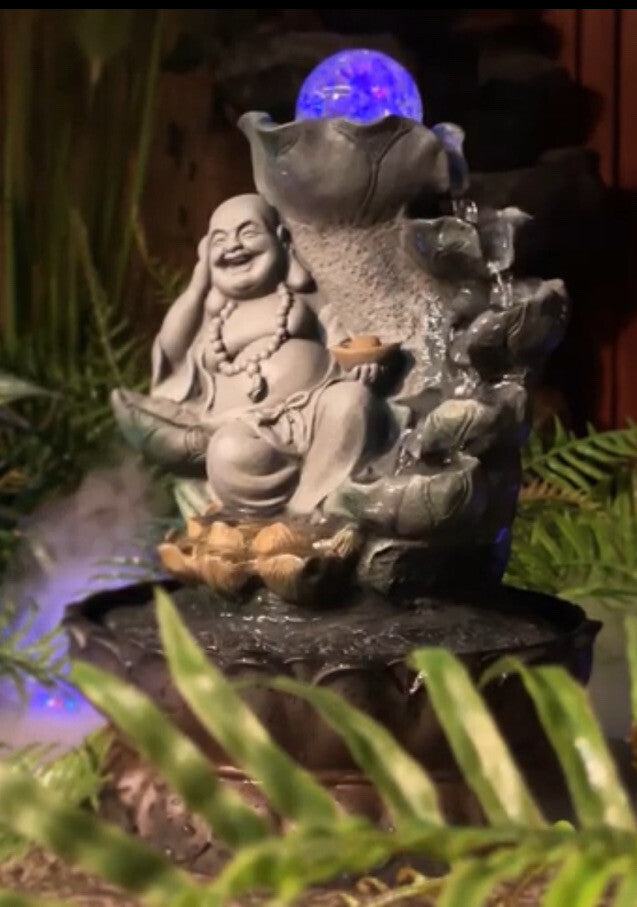 HAPPY BUDDHA  DRIFT WATER FEATURE FOUNTAIN INDOOR OUTDOOR BENCH TOP HOME DECOR