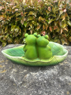 Frog Bird Feeder Fibre Clay Garden Ornament Green Leaf Outdoor Décor