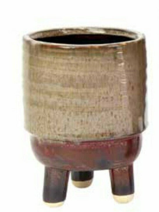 Glazed Ceramic Footed Pots Pot Set of 2 Round Indoor Plant Succulent Mocha Brown