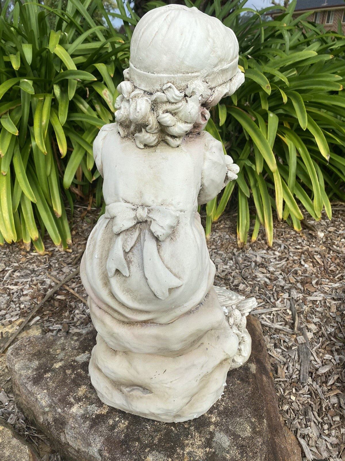 Girl Sitting with A Duck Garden Statue Figurine Ornament Children Antique White