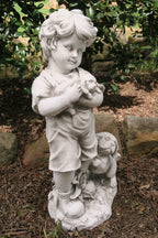BOY STANDING WITH HIS TWO PUPPIES PUPPY DOG GARDEN STATUE ORNAMENT FIGURINE