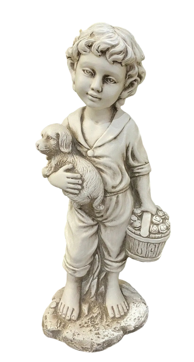 BOY STANDING HOLDING HIS PUPPY DOG GARDEN STATUE ORNAMENT FIGURINE