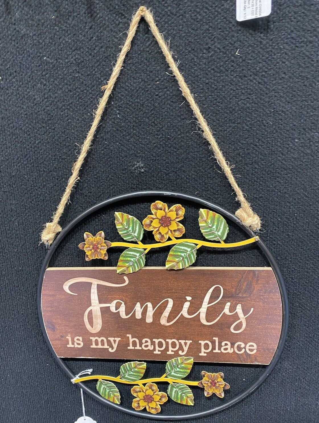 Family Is My Happy Place Wall Sign Hanging Metal 35cm x 35cm Brown
