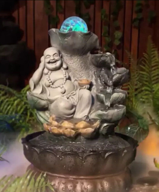 HAPPY BUDDHA  DRIFT WATER FEATURE FOUNTAIN INDOOR OUTDOOR BENCH TOP HOME DECOR