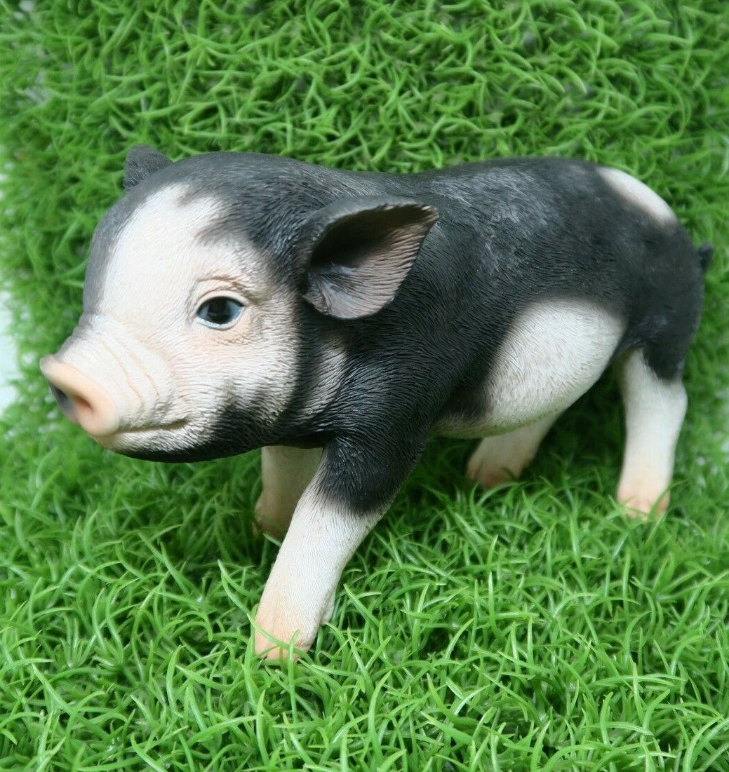 PIG STANDING MINI FARM ANIMAL GARDEN STATUE ORNAMENT FIGURINE BLACK AND WHITE