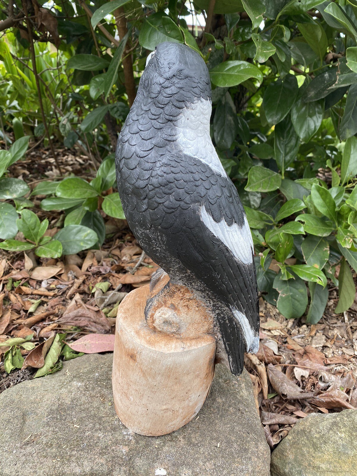Magpie on Stump Bird Statue Ornament Animal Concrete Garden Australian Made Blk
