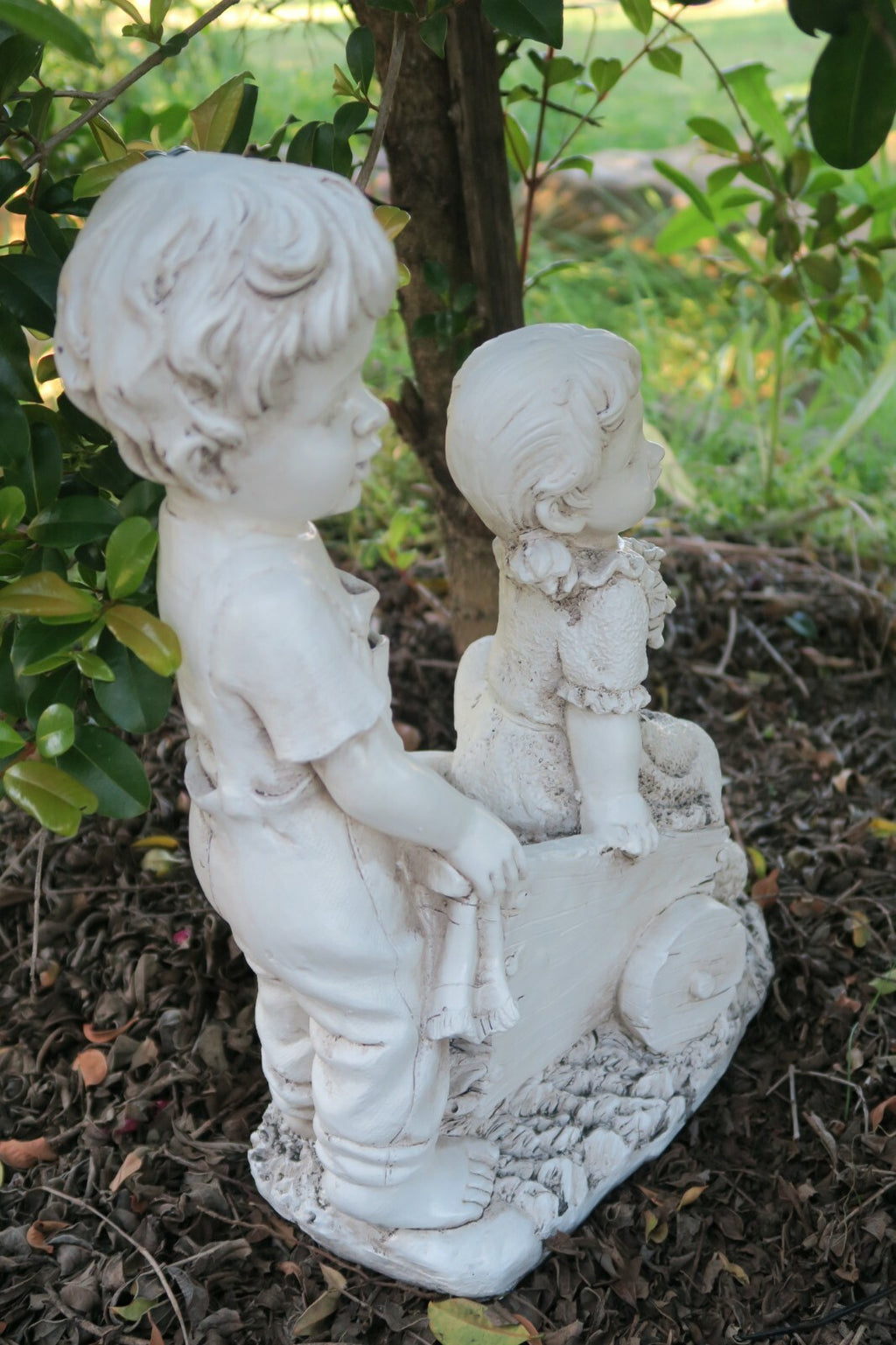 Boy Girl Statue In a Wheelbarrow Garden Figurine Sculpture Ornament Children