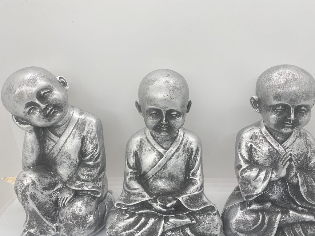 Monk Buddha Statue Sitting Ornaments Figurine Silver 18 cm high Set of 3