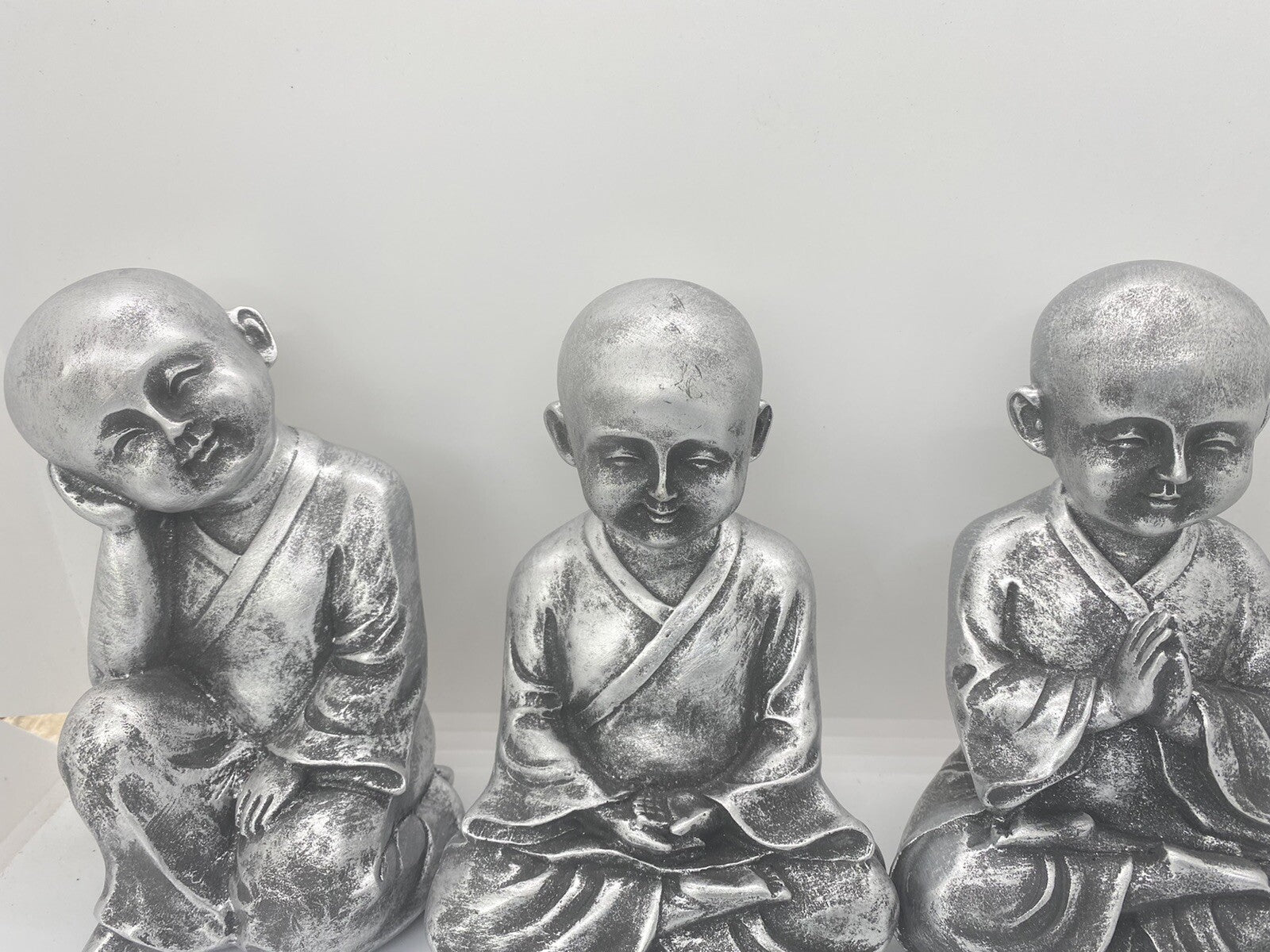Monk Buddha Statue Sitting Ornaments Figurine Silver 18 cm high Set of 3