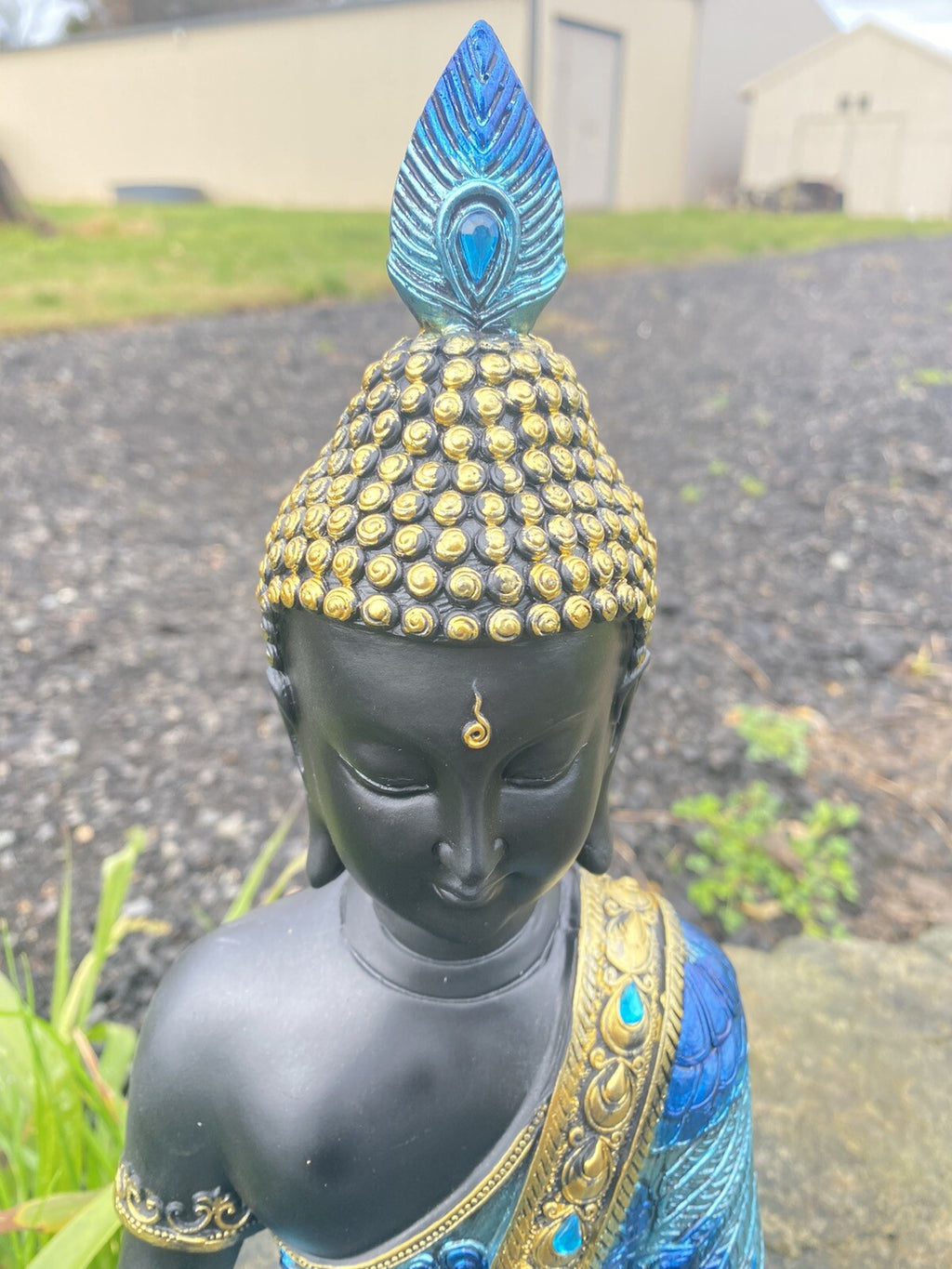 Meditating Thai Buddha In a Blue Peacock Statue Ornament Figurine Home Decor