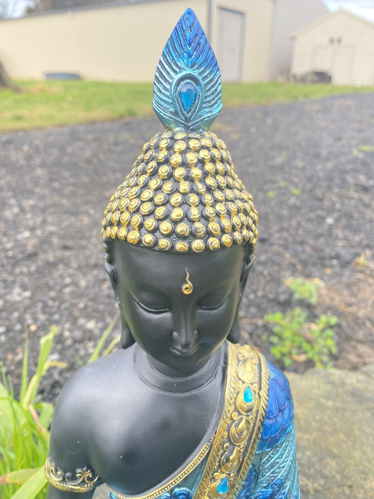 Meditating Thai Buddha In a Blue Peacock Statue Ornament Figurine Home Decor