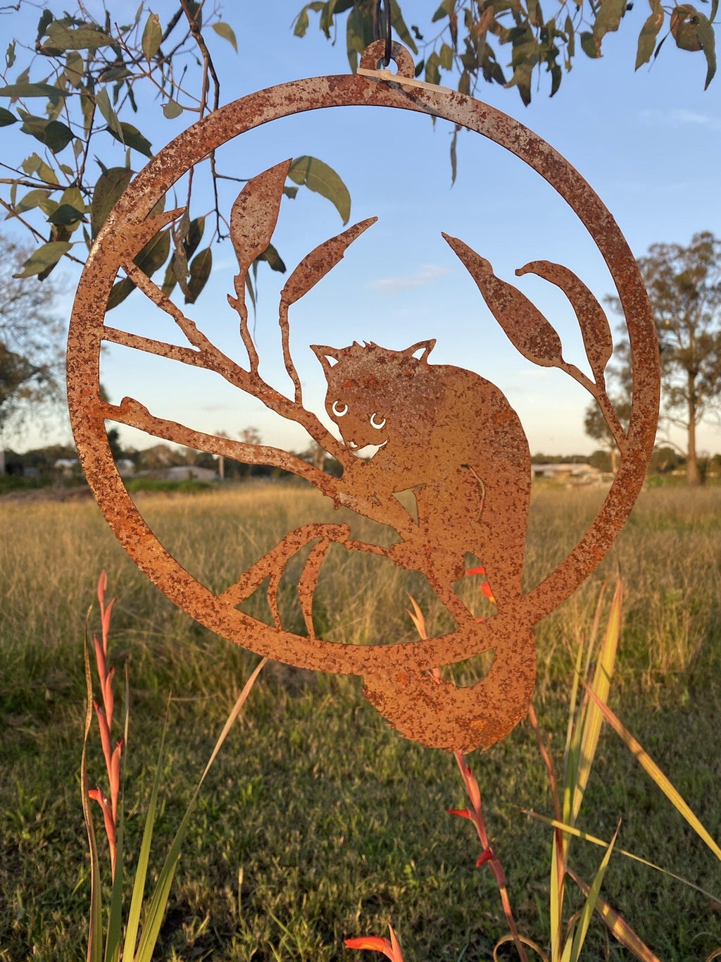 Possum Round Rust Corten Steel Metal Garden Wall Art Hanging Ring Home 28cm D