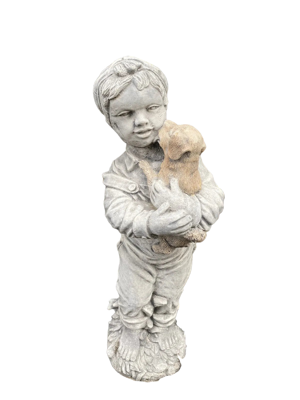 Boy Holding Dog Statue Ornament Animal Concrete Cement Garden Australian Made